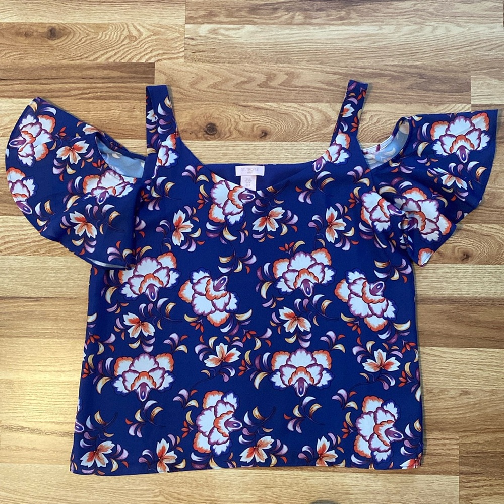 Saint Tropez Floral Blouse w/ cold shoulder & V-neck